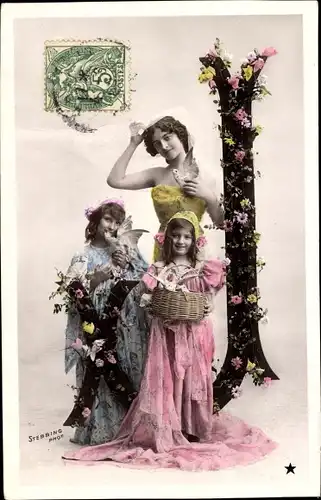 Buchstaben Ak Buchstabe J, Frau, Kinder, Blumen