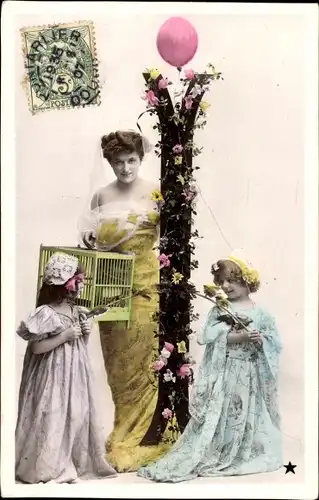 Buchstaben Ak Buchstabe I, Frau, Mädchen, Vogelkäfig, Luftballon