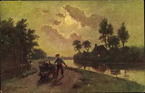 Künstler Ak Gerstenhauer, Johann Georg, niederländisches Motiv, Kanal, Junge mít Hundekarren