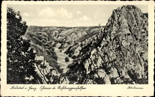 Ak Thale im Harz, Schurre und Roßtrappenfelsen, Bodetal