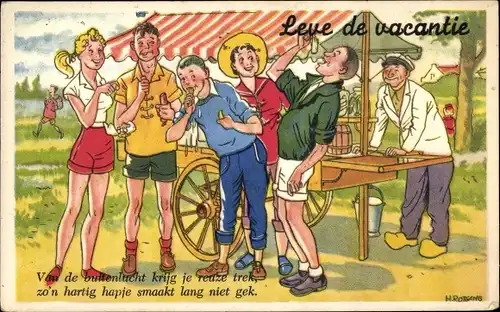 Künstler Ak Essende Urlauber, fahrender Händler