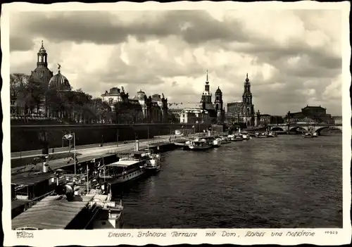 Ak Dresden Altstadt, Brühlsche Terrasse, Hofkirche, Dom, Schloss, Brücke, Schiffe