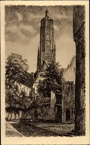 Künstler Ak Nördlingen in Schwaben, An der Kreuzgasse, Kirche