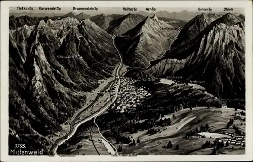 Ak Mittenwald in Oberbayern, Lautersee, Lattensee, Kranzberg, Karwendel, Brunnenstein, Reitherspitze