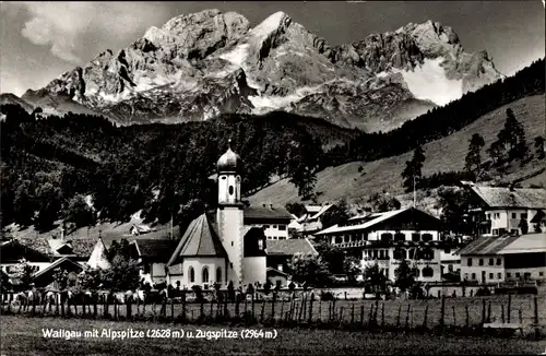 Ak Wallgau Oberbayern, Alpspitze, Zugspitze, Kirche