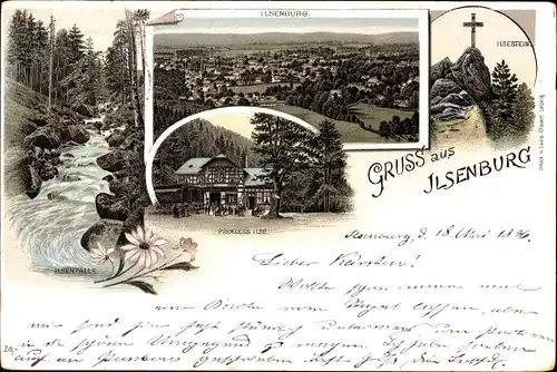 Litho Ilsenburg im Harz, Ilsenfälle, Gasthaus Prinzess Ilse, Ilsenstein