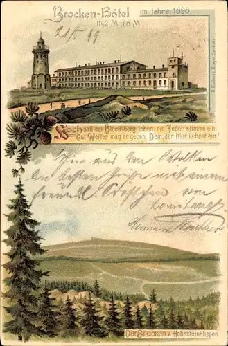 Litho Brocken Nationalpark Harz, Brockenhotel, Brocken v. d. Hohnsteinklippen aus