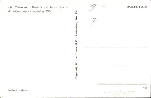 Ak Prinzessinnen Beatrix und Irene der Niederlande, Prinsjesdag 1958