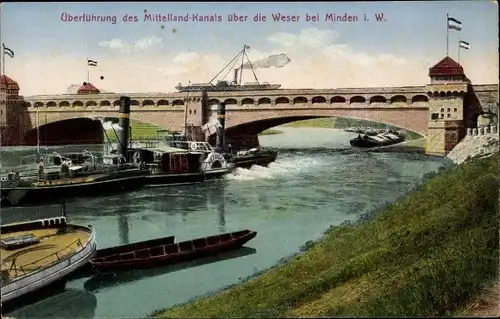 Ak Minden in Ostwestfalen Lippe, Überführung des Mittellandkanals über die Weser, Dampfer Preußen