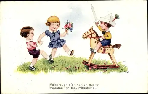 Künstler Ak Patt, Jim, Kinder, Schaukelpferd, Junge mit Schwert