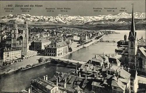 Ak Zürich, Luftbild der Stadt mit Alpen