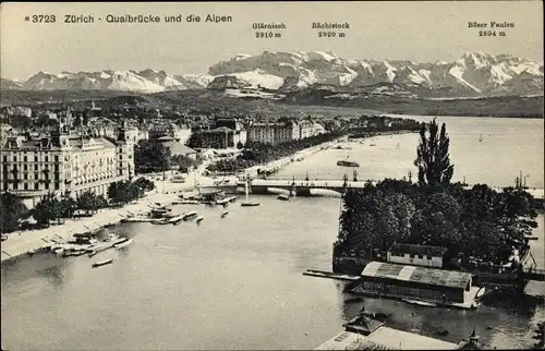 Ak Zürich Stadt Schweiz, Quaibrücke und die Alpen