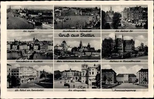 Ak Szczecin Stettin Pommern, Ufa Palast, Hafen, Baumbrücke, Getreidesilo, Berliner Tor, Hansabrücke