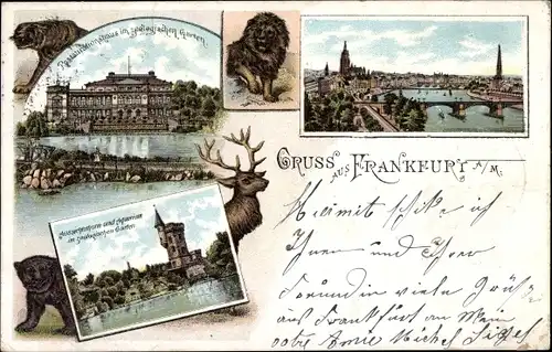 Litho Frankfurt am Main, Totale, Restaurant im Zoo, Aussichtsturm und Aquarium vom Zoo