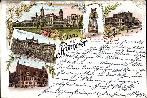 Litho Hannover in Niedersachsen, Ständehaus, Rathaus, Hoftheater, Polytechnikum