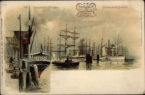 Litho Hamburg Mitte Altstadt, Segelschiffhafen, Schlepper und Dreimaster im Hafen