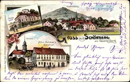 Litho Schönberg am Kapellenberg Bad Brambach im Vogtland, Schloss, Kirche, Gasthof Albin Zwicker