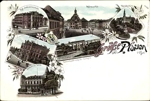 Litho Plauen im Vogtland, Altmarkt, Hradschin, Elstertalbrücke, Postamt, Restaurant Zum Altmarkt