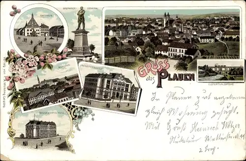 Litho Plauen im Vogtland, Rathaus, Bismarck Denkmal, Schloss, Industrieschule, Baugewerkschule