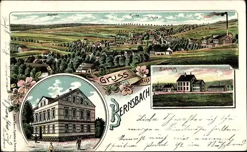 Litho Bernsbach, Gesamtansicht, Bahnhof, Kirche, Schule,