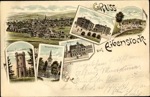 Litho Eibenstock im Erzgebirge Sachsen, Auersberger Aussichtsturm, Rathaus, Schule, Bühlhalle