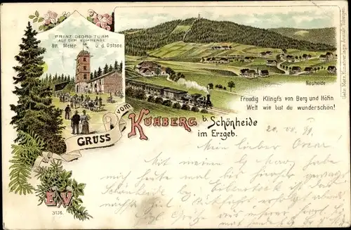 Litho Neuheide Schönheide im Erzgebirge Sachsen, Gruß vom Kuhberg, Prinz Georg Turm