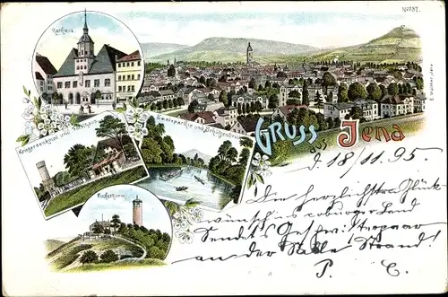 Vorläufer Litho Jena Thüringen, Rathaus, Kriegerdenkmal, Forsthaus, Fuchsturm, Schützenbrücke, Saale