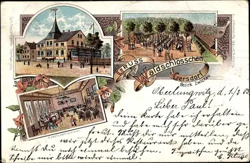 Litho Gersdorf Lauenhain Crimmitschau in Sachsen, Waldschlösschen, Gesellschaftszimmer, Garten