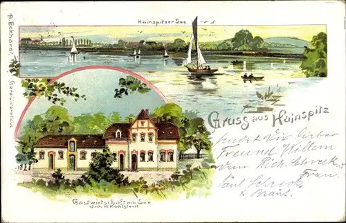 Litho Hainspitz in Thüringen, Gastwirtschaft am See, Segelboote auf dem Wasser