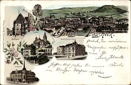 Litho Pößneck in Thüringen, Rathaus, Neues Krankenhaus, Villen, Postamt, Gesamtansicht