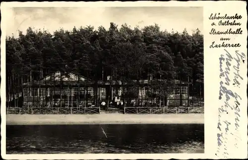 Ak Trzcianka Schönlanke an der Ostbahn Posen, Strandhalle am Zaskersee