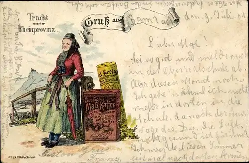 Litho Tracht aus der Rheinprovinz, Seelig's candirter Malz Kaffee