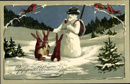 Ak Glückwunsch Weihnachten, Schneemann als Jäger, Hasen