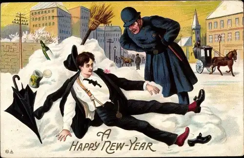 Ak Glückwunsch Neujahr, Betrunkener Mann, Polizist