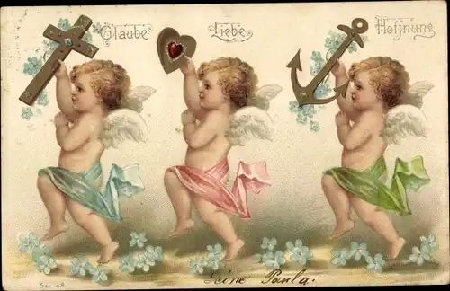 Präge Litho Allegorie, Glaube, Liebe, Hoffnung, Engel, Vergissmeinnicht
