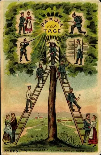 Künstler Ak Soldaten mit Leiter am Baum, Zählstand Tage in der Reserve, Abschied, Heimkehr