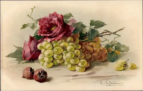 Künstler Litho Klein, Catharina, Stillleben, Rosen, Weintrauben