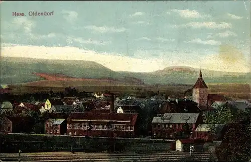 Ak Hessisch Oldendorf an der Weser, Bahnhof, Gleisseite, Stadtansicht