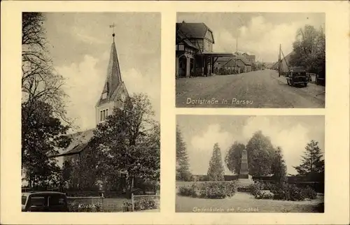 Ak Parsau in Niedersachsen, Gedenkstein, Kirche, Dorfstraße