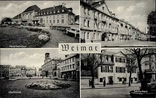 Ak Weimar in Thüringen, Marktplatz, Schillerhaus, Goetheplatz, Hauptbahnhof