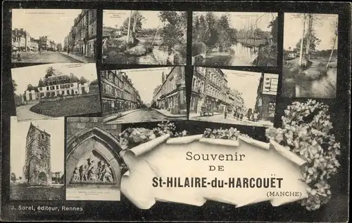 Ak Saint Hilaire du Harcouët Manche, Turm, Straßenpartie, Teich, Blumen