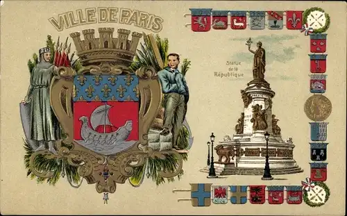 Präge Wappen Litho Paris III., Ville de Paris, Statue de la Republique