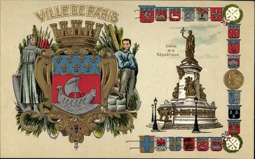 Präge Wappen Litho Paris III., Ville de Paris, Statue de la Republique