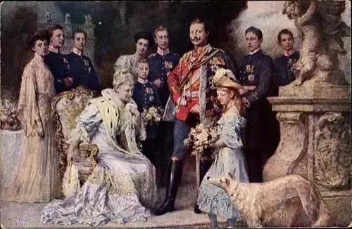 Künstler Ak Keller, F., Kaiserhaus, Wilhelm II, Kaiserin Auguste Viktoria, Kronprinz, Windhund