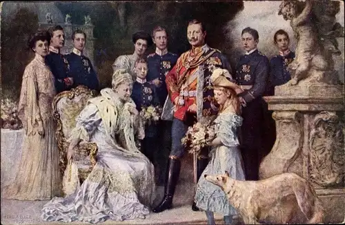 Künstler Ak Keller, F., Kaiserhaus, Wilhelm II, Kaiserin Auguste Viktoria, Kronprinz, Windhund