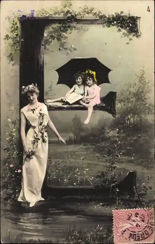 Buchstaben Ak Buchstabe E, Frau, Kinder mit Regenschirm, NPG 195