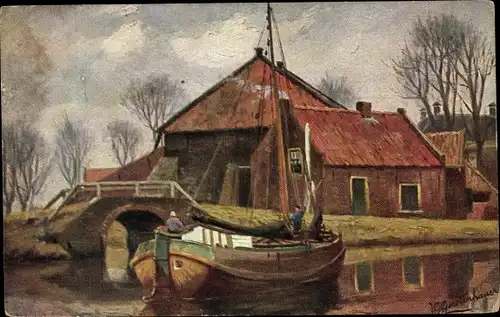 Künstler Ak Gerstenhauer, Johann Georg, niederländisches Motiv, Kanal, Fischerboot, Brücke, Haus