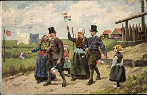 Künstler Ak Gerstenhauer, Gruppe in niederländischer Tracht, Festtag, Flaggen