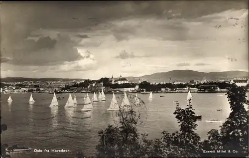 Ak Oslo Norwegen, Hovedøen, Segelboote auf dem Wasser, Ort