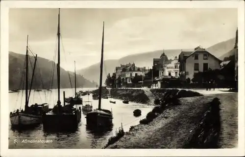 Ak Assmannshausen Rüdesheim am Rhein, Uferpartie, Segelboote, Häuser